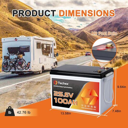 Techex 24V 100Ah LiFePO4 Battery, 100A BMS, 2560W Load Power, Low Temp Cut Off, Deep Cycle, 24V lithium battery for Trolling Motor, Boat, RV, Solar, Camping, Off Grid （No Bluetooth） in Saudi Arabia