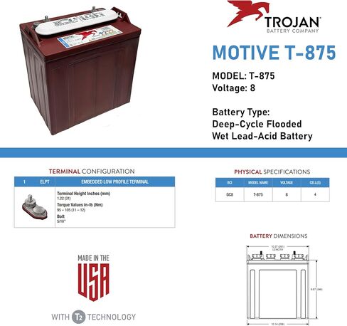 Trojan T-875 8V Deep-Cycle Flooded Battery, 170Ah, Golf Cart, Renewable Energy, Industrial, Marine Use (Pack of 6) in Kuwait