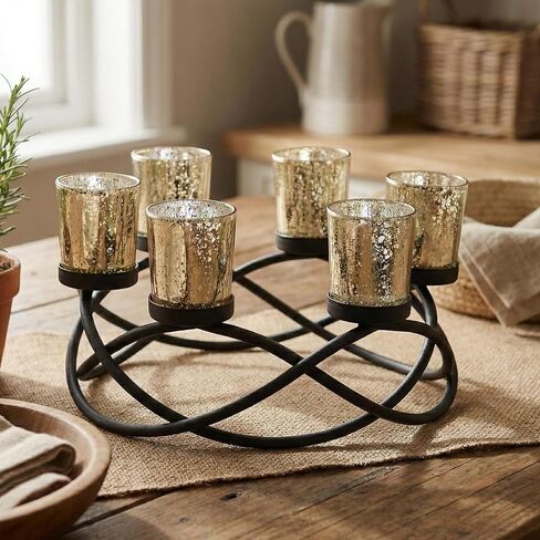 Seraphic Iron Round Table Decor Centerpiece Decorations Candle Holder for Halloween, Weddings, Outdoor Patio, Kitchen, Dining Room, and Coffee Tables, Votive Tealight Holders, Black, 6 Black Cups in Kuwait