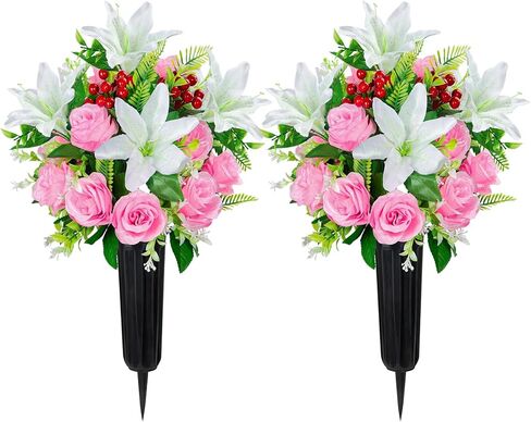 Artificial Cemetery Flowers with Vase, Set of 2 Rose Lily Bouquet Graveside Decoration, Artificial Memorial Flowers for Easter Mother's Day Arrangements in Saudi Arabia
