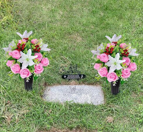 Artificial Cemetery Flowers with Vase, Set of 2 Rose Lily Bouquet Graveside Decoration, Artificial Memorial Flowers for Easter Mother's Day Arrangements in Saudi Arabia