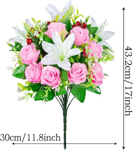 Artificial Cemetery Flowers with Vase, Set of 2 Rose Lily Bouquet Graveside Decoration, Artificial Memorial Flowers for Easter Mother's Day Arrangements in Saudi Arabia