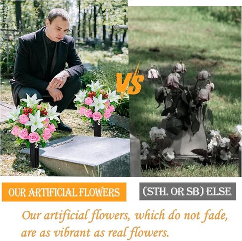 Artificial Cemetery Flowers with Vase, Set of 2 Rose Lily Bouquet Graveside Decoration, Artificial Memorial Flowers for Easter Mother's Day Arrangements in Saudi Arabia