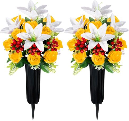 Artificial Cemetery Flowers with Vase, Set of 2 Rose Lily Bouquet Graveside Decoration, Artificial Memorial Flowers for Easter Mother's Day Arrangements in Saudi Arabia
