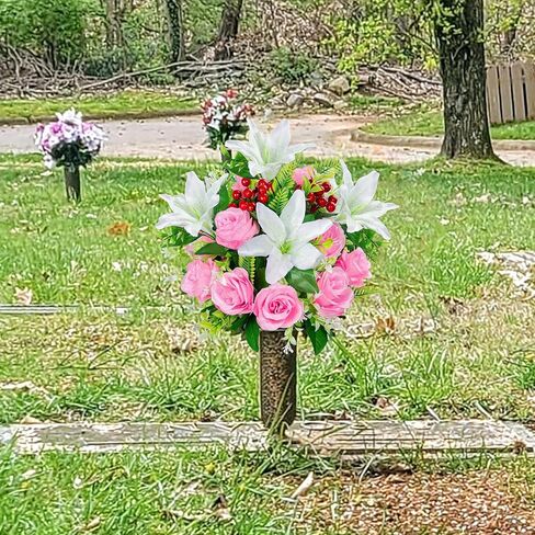 Artificial Cemetery Flowers with Vase, Set of 2 Rose Lily Bouquet Graveside Decoration, Artificial Memorial Flowers for Easter Mother's Day Arrangements in Saudi Arabia