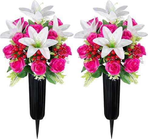 Artificial Cemetery Flowers with Vase, Set of 2 Rose Lily Bouquet Graveside Decoration, Artificial Memorial Flowers for Easter Mother's Day Arrangements in Saudi Arabia