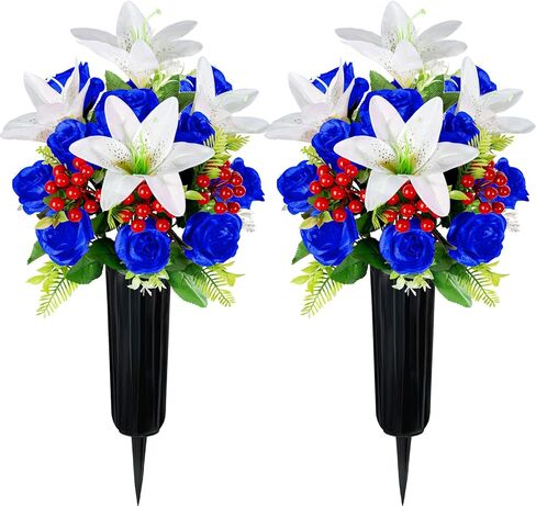 Artificial Cemetery Flowers with Vase, Set of 2 Rose Lily Bouquet Graveside Decoration, Artificial Memorial Flowers for Easter Mother's Day Arrangements in Saudi Arabia