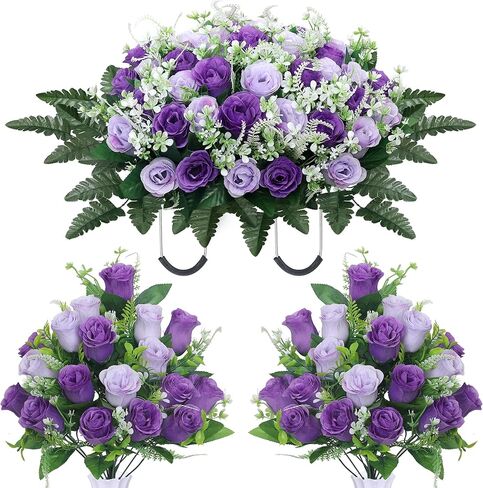 3pcs Headstone Flowers Saddle for Tombstone,Cemetery Flower Memorial Bouquet with Vase,Rose Headstone Flowers Saddle (Purple) in Saudi Arabia