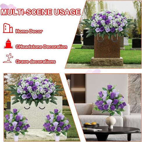 3pcs Headstone Flowers Saddle for Tombstone,Cemetery Flower Memorial Bouquet with Vase,Rose Headstone Flowers Saddle (Purple) in Saudi Arabia