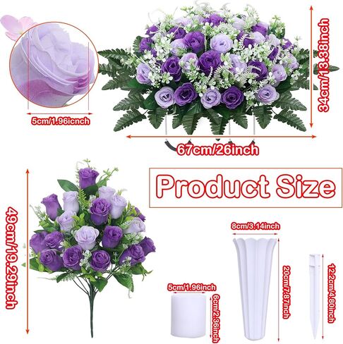 3pcs Headstone Flowers Saddle for Tombstone,Cemetery Flower Memorial Bouquet with Vase,Rose Headstone Flowers Saddle (Purple) in Saudi Arabia
