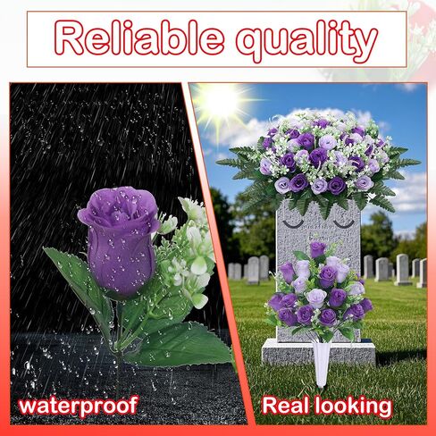 3pcs Headstone Flowers Saddle for Tombstone,Cemetery Flower Memorial Bouquet with Vase,Rose Headstone Flowers Saddle (Purple) in Saudi Arabia