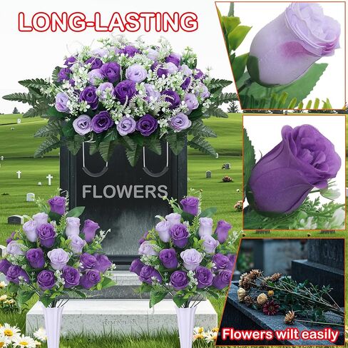 3pcs Headstone Flowers Saddle for Tombstone,Cemetery Flower Memorial Bouquet with Vase,Rose Headstone Flowers Saddle (Purple) in Saudi Arabia