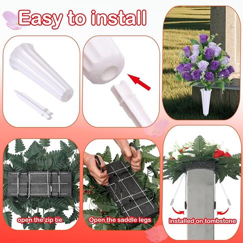 3pcs Headstone Flowers Saddle for Tombstone,Cemetery Flower Memorial Bouquet with Vase,Rose Headstone Flowers Saddle (Purple) in Saudi Arabia