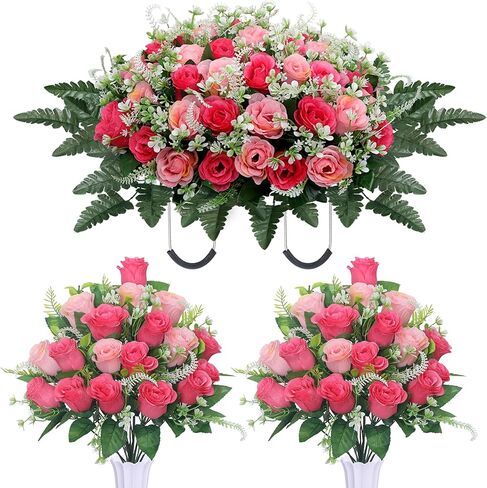 3pcs Headstone Flowers Saddle for Tombstone,Cemetery Flower Memorial Bouquet with Vase,Rose Headstone Flowers Saddle (Purple) in Saudi Arabia