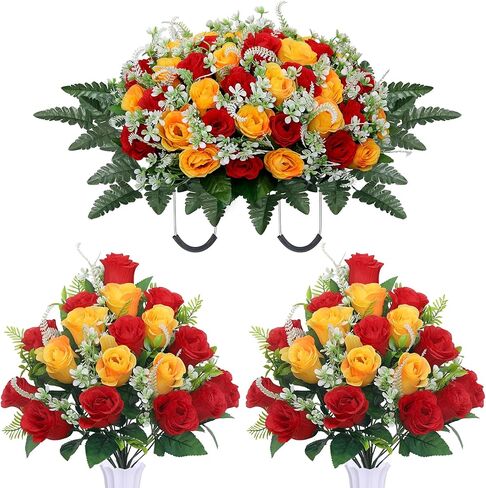 3pcs Headstone Flowers Saddle for Tombstone,Cemetery Flower Memorial Bouquet with Vase,Rose Headstone Flowers Saddle (Purple) in Saudi Arabia