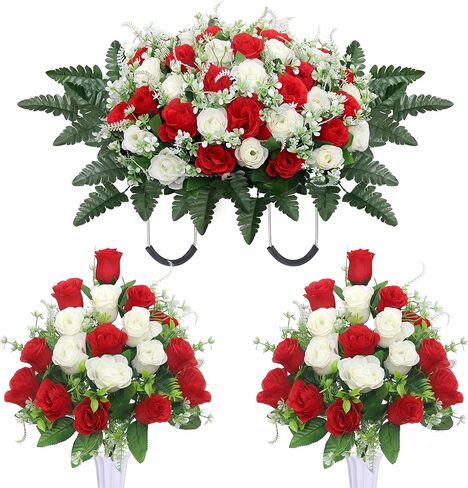 3pcs Headstone Flowers Saddle for Tombstone,Cemetery Flower Memorial Bouquet with Vase,Rose Headstone Flowers Saddle (Purple) in Saudi Arabia
