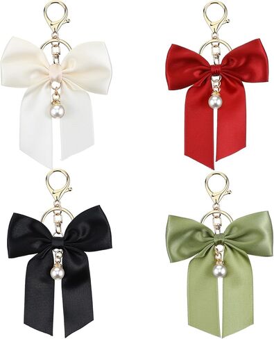 Bag Charms Bow, 4 Pack Purse Charms Bow Keychain for Handbag Cute Bowknot Bag Pendants for Handbag and Car Keys, Black Red White Green in Kuwait