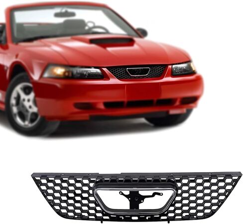 قطع غيار مجموعة شبكة الشبكة الأمامية مع غلاف أسود وإدراج مع زخرفة قولبة لفتح شعار الكروم متوافقة مع Ford Mustang 1999 2000 2001 2002 2003 2004 in Kuwait