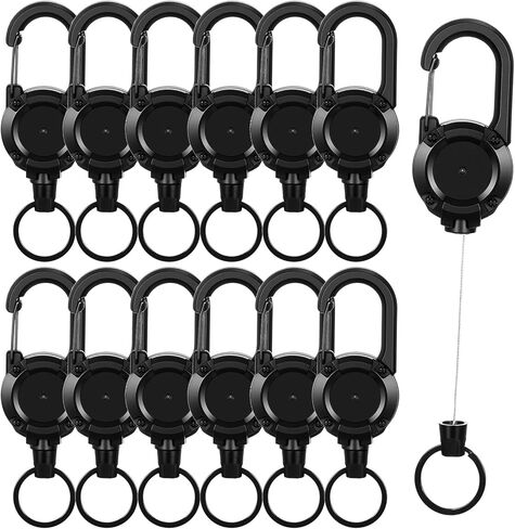 12 Pack Heavy Duty Retractable Keychain, Black Multitool Carabiner Badge Holder with Steel Cord, ID Clip Reel for Keys, Tools in Kuwait