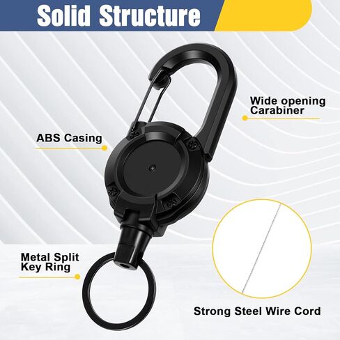12 Pack Heavy Duty Retractable Keychain, Black Multitool Carabiner Badge Holder with Steel Cord, ID Clip Reel for Keys, Tools in Kuwait