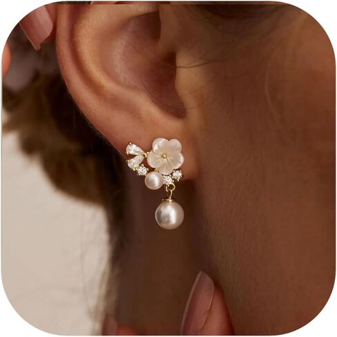 أقراط متدلية من اللؤلؤ للنساء مطلية بالذهب عيار 14 قيراط مع قطرة تشيكوسلوفاكيا من لؤلؤ المياه العذبة على شكل زهرة أقراط زفاف للعرائس مجوهرات عصرية هدايا لطيفة in Kuwait