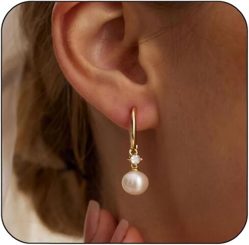 Pearl Dangle Earrings for Women 14K Gold Plated with CZ Drop Freshwater Pearls Flower Earring Wedding Brides Trendy Jewelry Cute Gifts in Saudi Arabia