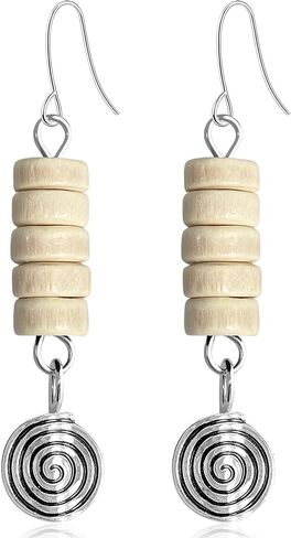 Bohemian Vintage Silver Spiral Disc Dangle Drop Earrings Handmade Wooden Beaded Hook Earrings For Women in Saudi Arabia