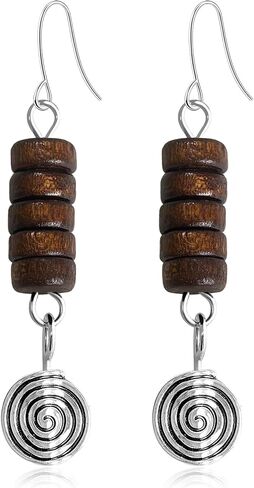 Bohemian Vintage Silver Spiral Disc Dangle Drop Earrings Handmade Wooden Beaded Hook Earrings For Women in Saudi Arabia