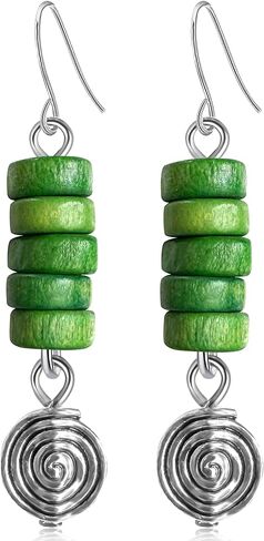 Bohemian Vintage Silver Spiral Disc Dangle Drop Earrings Handmade Wooden Beaded Hook Earrings For Women in Saudi Arabia