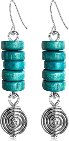 Bohemian Vintage Silver Spiral Disc Dangle Drop Earrings Handmade Wooden Beaded Hook Earrings For Women in Saudi Arabia