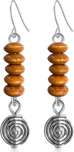 Bohemian Vintage Silver Spiral Disc Dangle Drop Earrings Handmade Wooden Beaded Hook Earrings For Women in Saudi Arabia