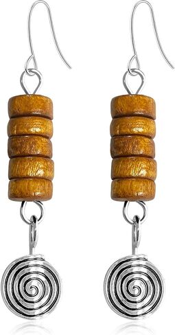 Bohemian Vintage Silver Spiral Disc Dangle Drop Earrings Handmade Wooden Beaded Hook Earrings For Women in Saudi Arabia