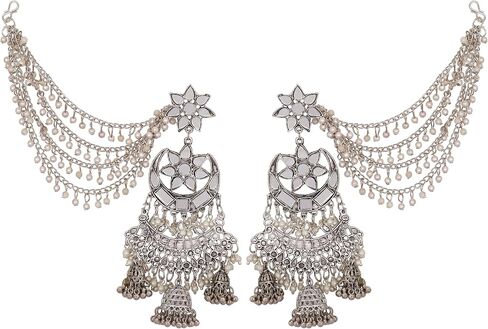 Ethnic Traditional Party-wear Silver Oxidized Pearl Mirror Indian Bahubali Jhumka Dangle Earrings Jewelry in Kuwait