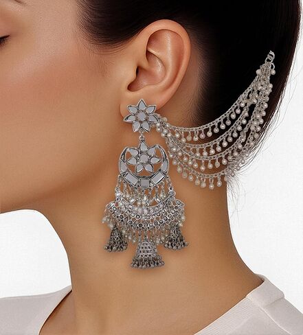 Ethnic Traditional Party-wear Silver Oxidized Pearl Mirror Indian Bahubali Jhumka Dangle Earrings Jewelry in Kuwait