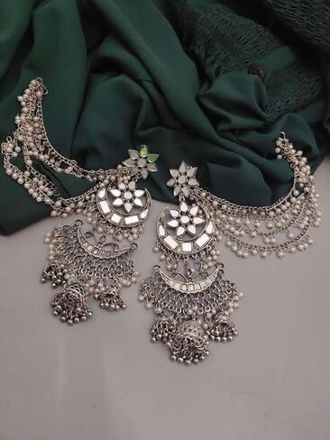 Ethnic Traditional Party-wear Silver Oxidized Pearl Mirror Indian Bahubali Jhumka Dangle Earrings Jewelry in Kuwait