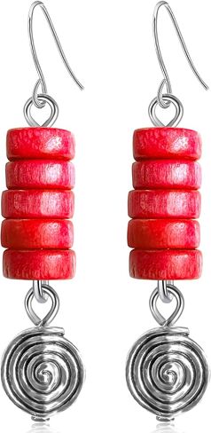 Bohemian Vintage Silver Spiral Disc Dangle Drop Earrings Handmade Wooden Beaded Hook Earrings For Women in Saudi Arabia