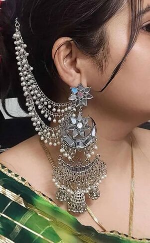 Ethnic Traditional Party-wear Silver Oxidized Pearl Mirror Indian Bahubali Jhumka Dangle Earrings Jewelry in Kuwait