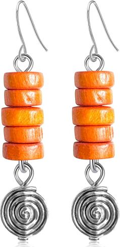 Bohemian Vintage Silver Spiral Disc Dangle Drop Earrings Handmade Wooden Beaded Hook Earrings For Women in Saudi Arabia