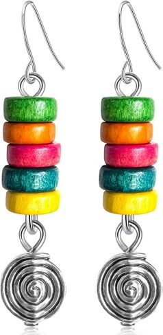 Bohemian Vintage Silver Spiral Disc Dangle Drop Earrings Handmade Wooden Beaded Hook Earrings For Women in Saudi Arabia