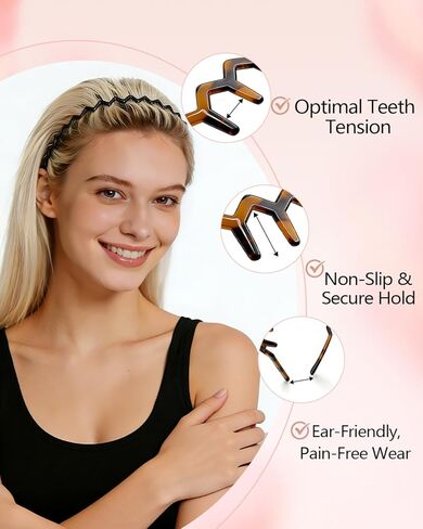 عصابات رأس Sizobi ​​Zig Zag للنساء، عصابة رأس مشط غير قابلة للانزلاق، إكسسوارات عصرية، عصابات رأس مموجة مريحة مع أسنان، أسيتات السليلوز الأسود والسلحفاة، هدايا مثالية للنساء قطعتين in Kuwait