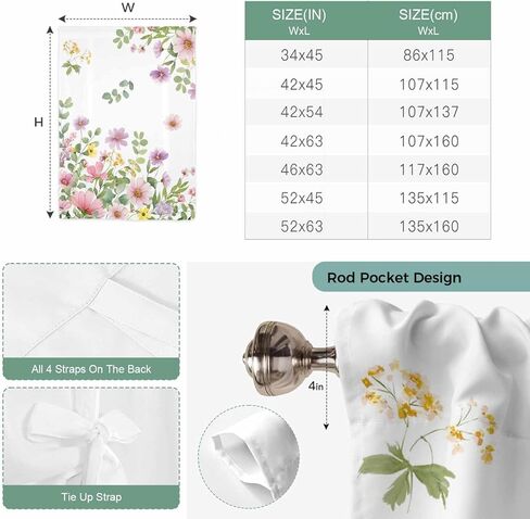 Pink Spring Floral Tie Up Curtains for Window, Watercolor Botanical Wildflowers Thermal Insulated Balloon Shade Adjustable Rod Pocket Curtains Valance Panels for Kitchen Bathroom Café 42'' x 45'' in Saudi Arabia