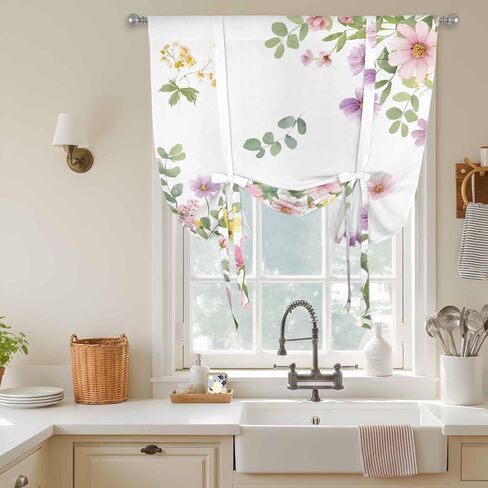 Pink Spring Floral Tie Up Curtains for Window, Watercolor Botanical Wildflowers Thermal Insulated Balloon Shade Adjustable Rod Pocket Curtains Valance Panels for Kitchen Bathroom Café 42'' x 45'' in Saudi Arabia