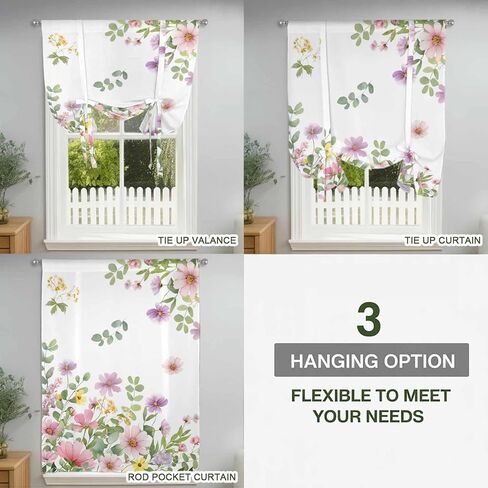 Pink Spring Floral Tie Up Curtains for Window, Watercolor Botanical Wildflowers Thermal Insulated Balloon Shade Adjustable Rod Pocket Curtains Valance Panels for Kitchen Bathroom Café 42'' x 45'' in Saudi Arabia