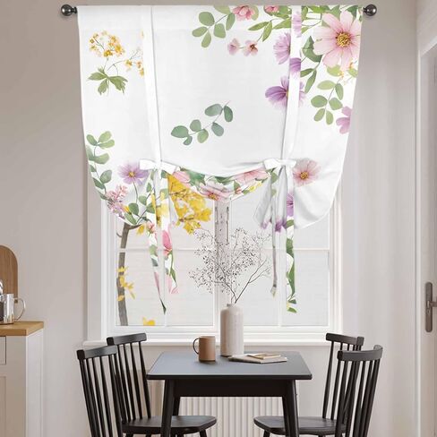 Pink Spring Floral Tie Up Curtains for Window, Watercolor Botanical Wildflowers Thermal Insulated Balloon Shade Adjustable Rod Pocket Curtains Valance Panels for Kitchen Bathroom Café 42'' x 45'' in Saudi Arabia
