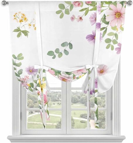 Pink Spring Floral Tie Up Curtains for Window, Watercolor Botanical Wildflowers Thermal Insulated Balloon Shade Adjustable Rod Pocket Curtains Valance Panels for Kitchen Bathroom Café 42'' x 45'' in Saudi Arabia