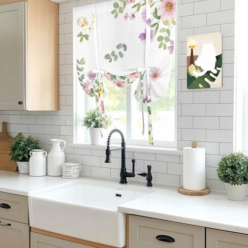 Pink Spring Floral Tie Up Curtains for Window, Watercolor Botanical Wildflowers Thermal Insulated Balloon Shade Adjustable Rod Pocket Curtains Valance Panels for Kitchen Bathroom Café 42'' x 45'' in Saudi Arabia