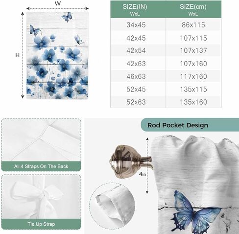 Navy Blue Floral Tie Up Curtains for Window, Spring Flowers Butterflies Wooden Thermal Insulated Balloon Shade Adjustable Rod Pocket Curtains Valance Panels for Kitchen Bathroom Café 42'' x 63'' in Kuwait