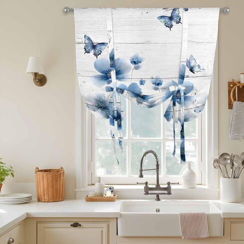 Navy Blue Floral Tie Up Curtains for Window, Spring Flowers Butterflies Wooden Thermal Insulated Balloon Shade Adjustable Rod Pocket Curtains Valance Panels for Kitchen Bathroom Café 42'' x 63'' in Kuwait