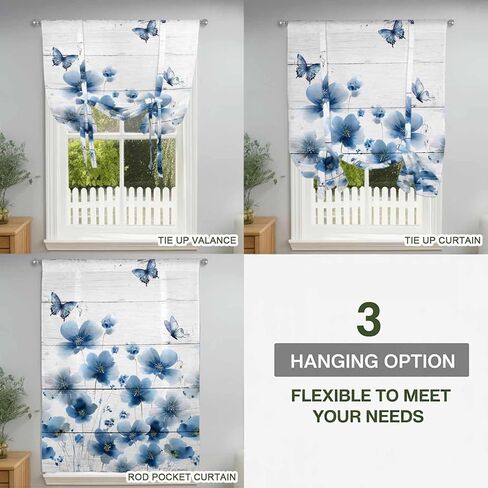 Navy Blue Floral Tie Up Curtains for Window, Spring Flowers Butterflies Wooden Thermal Insulated Balloon Shade Adjustable Rod Pocket Curtains Valance Panels for Kitchen Bathroom Café 42'' x 63'' in Kuwait
