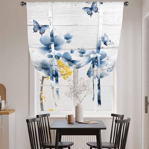Navy Blue Floral Tie Up Curtains for Window, Spring Flowers Butterflies Wooden Thermal Insulated Balloon Shade Adjustable Rod Pocket Curtains Valance Panels for Kitchen Bathroom Café 42'' x 63'' in Kuwait